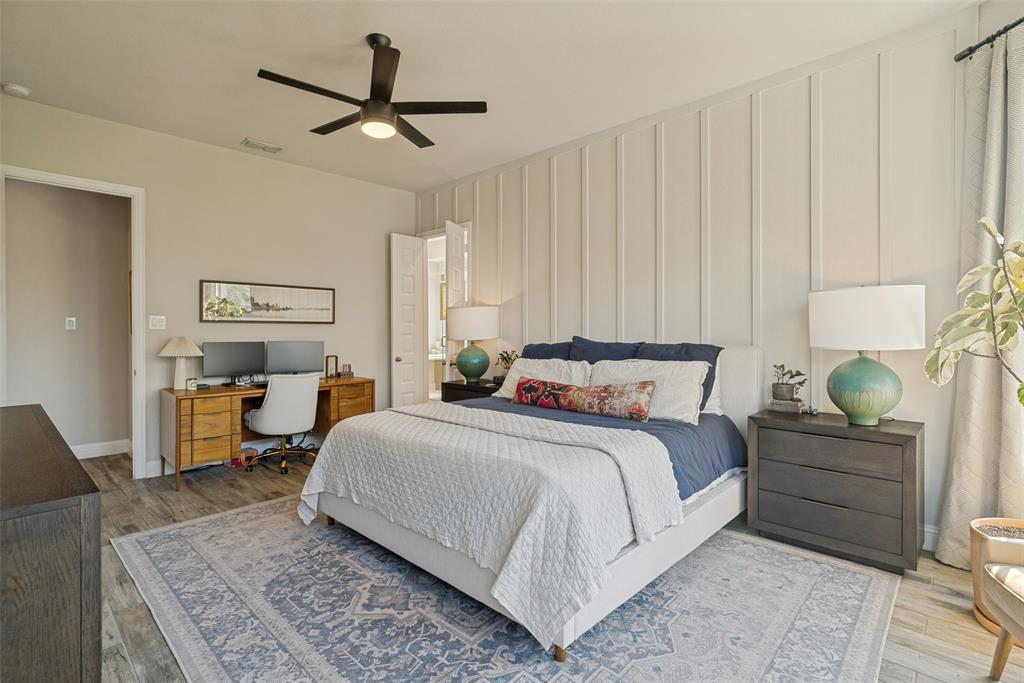14948 Gentry Drive Aledo, TX 76008 - Photo 20 of 25 Bedroom featuring board and batten accent wall, wood-finish flooring, ceiling fan, and recessed lighting