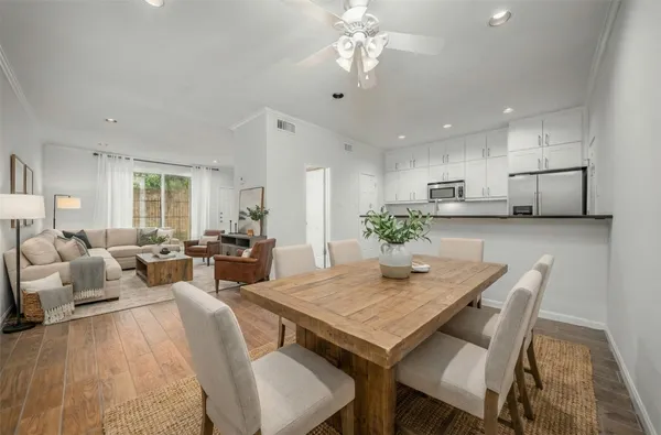 a view of a dining room with furniture