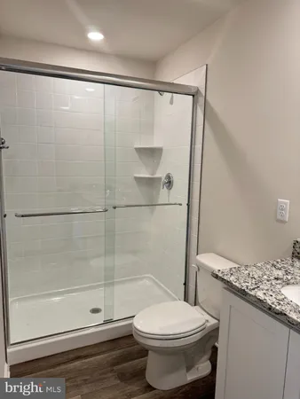 a bathroom with a shower and a toilet