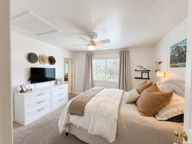 452 North 600 East Springville, UT 84663 - Photo 9 of 26 Recessed ceiling access panel, ceiling fan with integrated lighting, window with blinds and drapes, and a white framed doorway