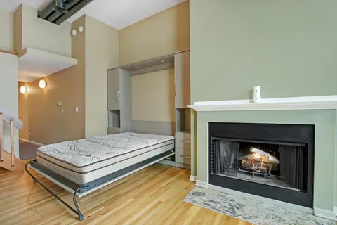 a living room with a fireplace