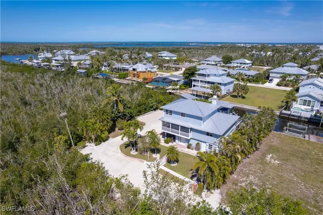an aerial view of residential houses with outdoor space and river