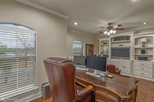 a living room with furniture a ceiling fan and a rug