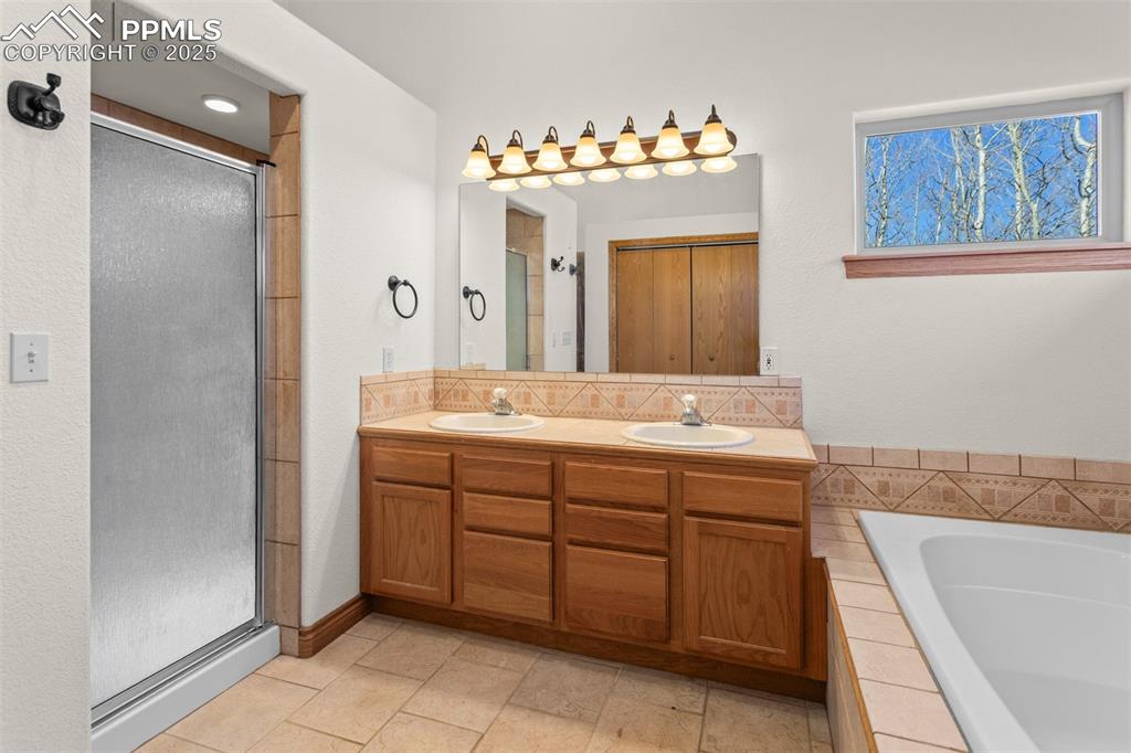 162 Ridge Top Drive Divide, CO 80814 - Photo 20 of 50 a bathroom with a double vanity sink mirror and bathtub