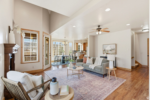 3026 Lower Saddleback Road Park City, UT 84098 - Photo 5 of 71 Living area featuring a chandelier, light wood finished floors, recessed lighting, and ceiling fan