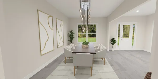 a view of a dining room with furniture and window