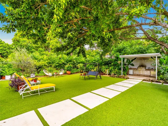 a view of a backyard with swimming pool