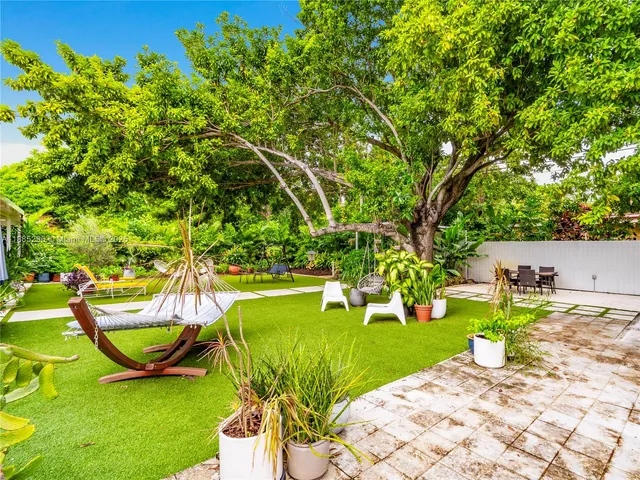 a view of a backyard with swimming pool