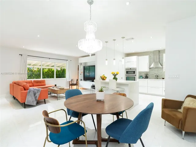 a view of a dining room with furniture window and outside view