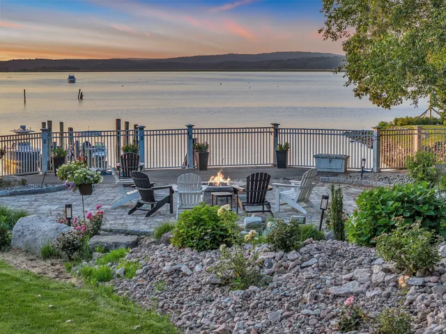 a garden view with a seating space