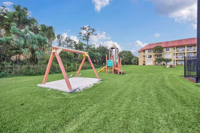 a view of a park with swings