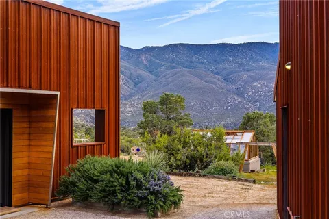 a view of a terrace with a mountain