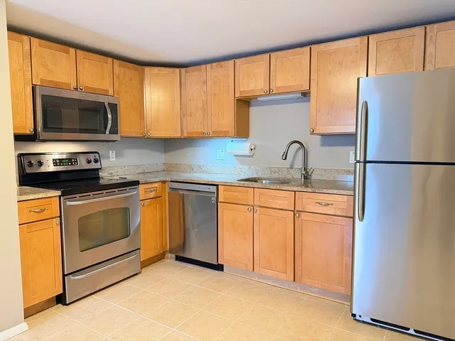 a kitchen with a refrigerator sink and cabinets