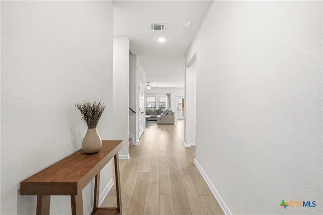 a view of a hallway with wooden floor and a potted plant