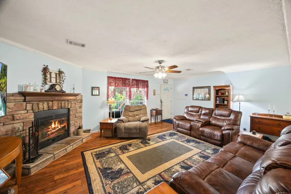 a living room with furniture and a fireplace
