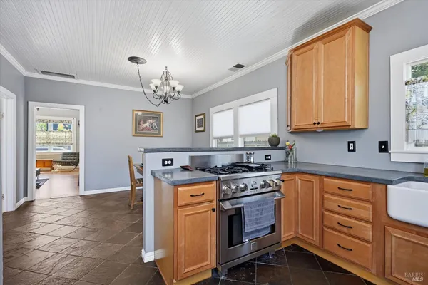 a kitchen with stainless steel appliances granite countertop a stove a sink and a refrigerator