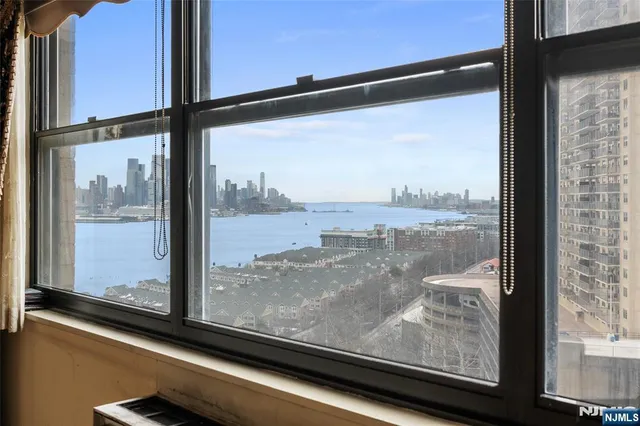a view of a lake with a city skyline in the background