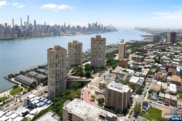 a city view with tall buildings