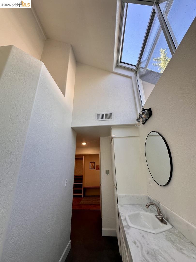 2080 Nelson Road Camino, CA 95709 - Photo 35 of 55 Vaulted ceiling with multiple skylights, vanity with rectangular undermount sink, marble-look countertop, and wood-finish flooring