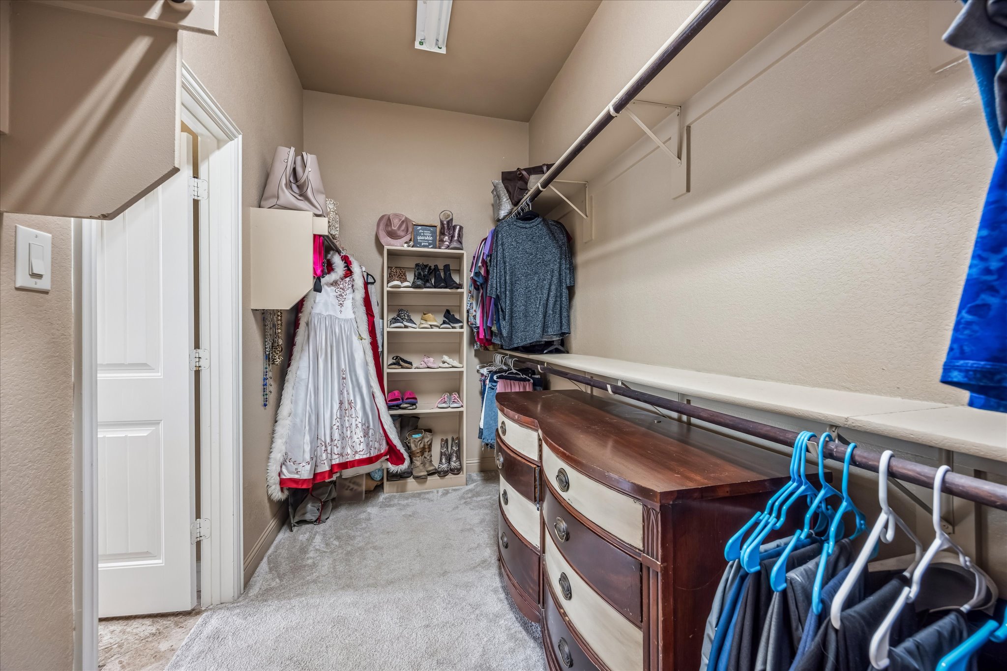 108 Rhinestone Cove Liberty Hill, TX 78642 - Photo 20 of 32 Expansive walk-in closet featuring multiple shelving units, built-in hanging rods, and a neutral color palette