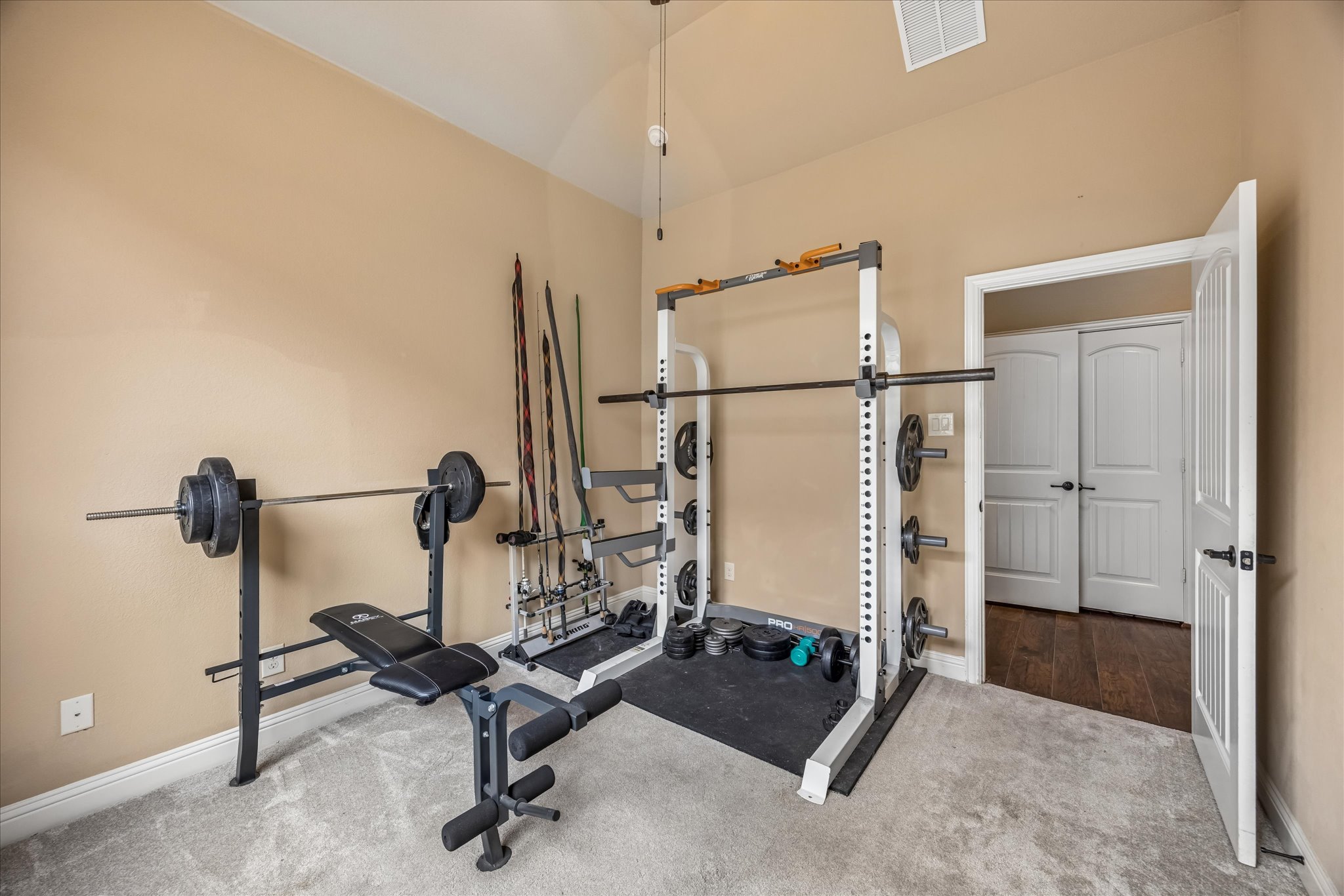 108 Rhinestone Cove Liberty Hill, TX 78642 - Photo 25 of 32 Room with vaulted ceiling, light beige wall paint, light gray carpeting, and white baseboards