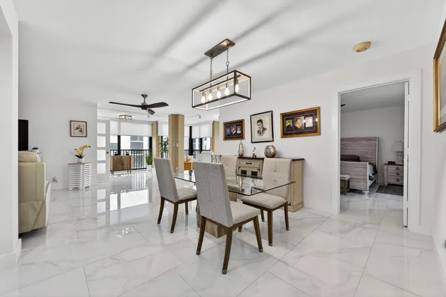 a view of a dining room with furniture