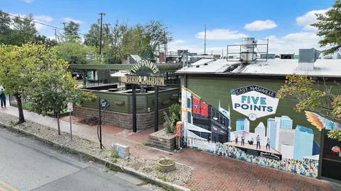 a city view with tall buildings