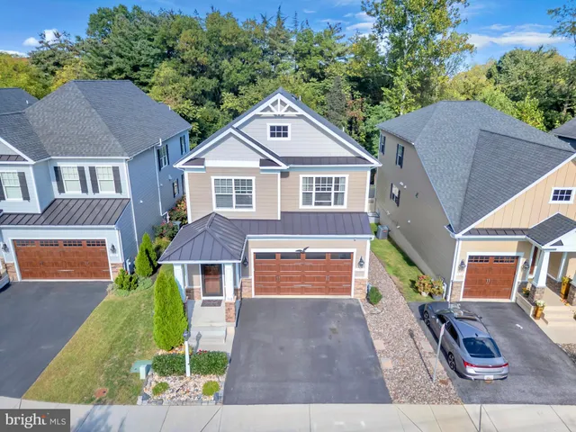 an aerial view of a house with a yard potted plants and large tree