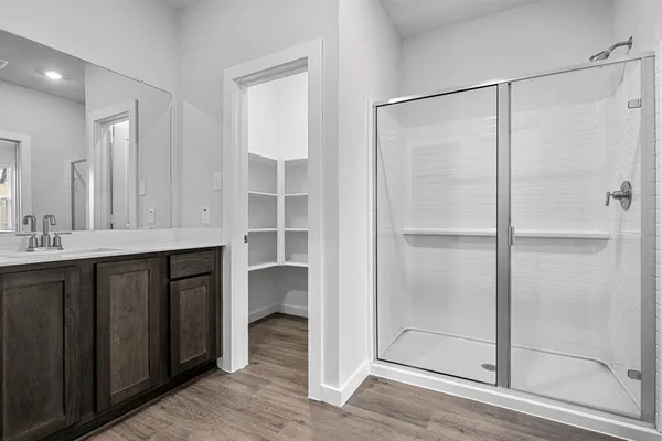 a bathroom with a shower and a sink