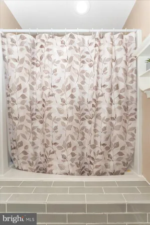 a small bathroom with a shower curtain