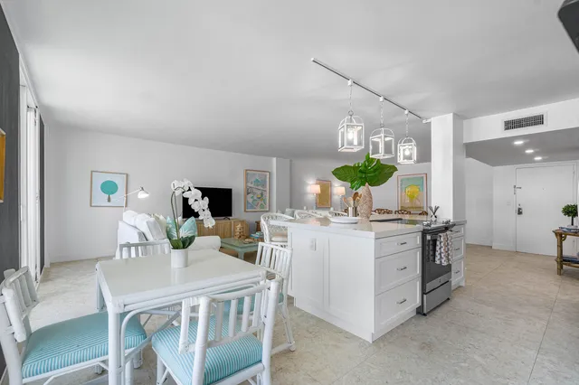 a view of a dining room with furniture