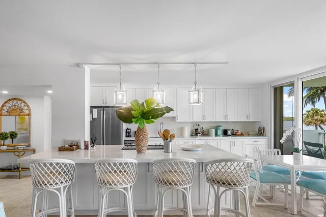 a view of a dining room with furniture and a potted plant