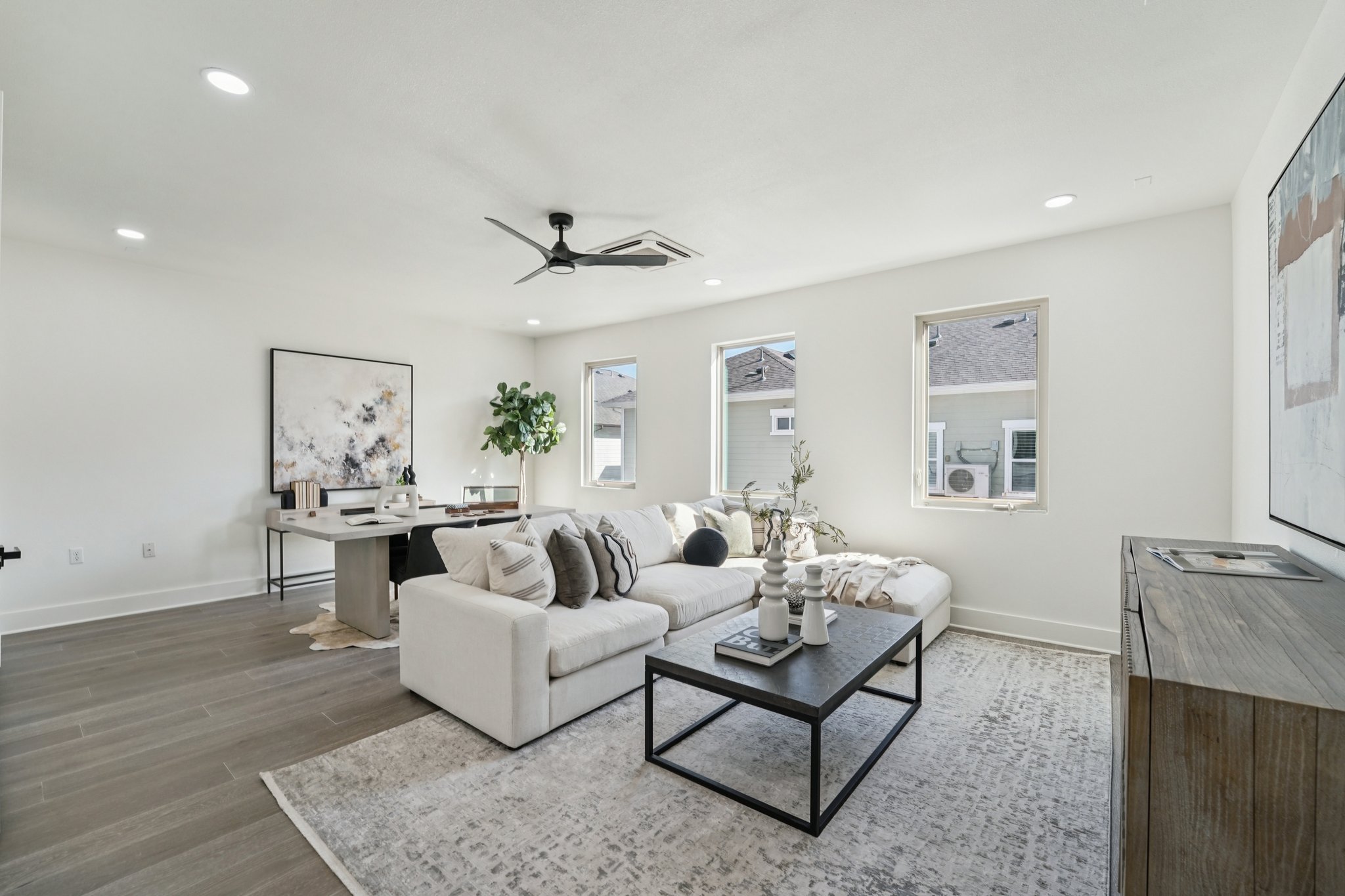 2811 Zach Scott Street Austin, TX 78723 - Photo 14 of 37 Living room with a ceiling fan, wood finished floors, and recessed lighting