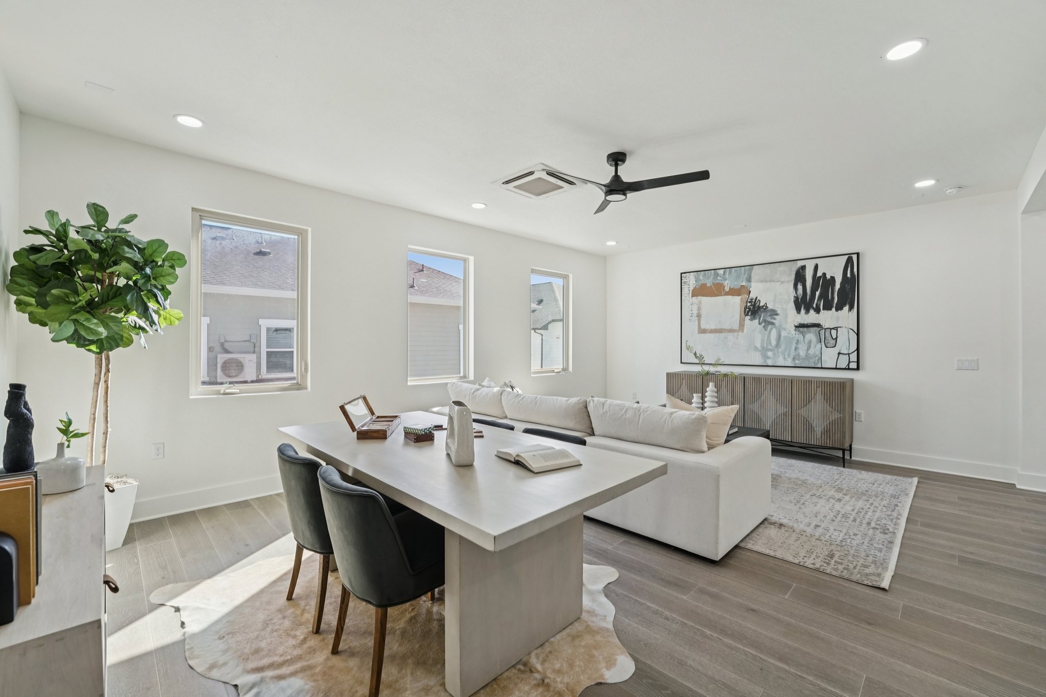 2811 Zach Scott Street Austin, TX 78723 - Photo 15 of 37 Living area with light wood-style floors, recessed lighting, and ceiling fan