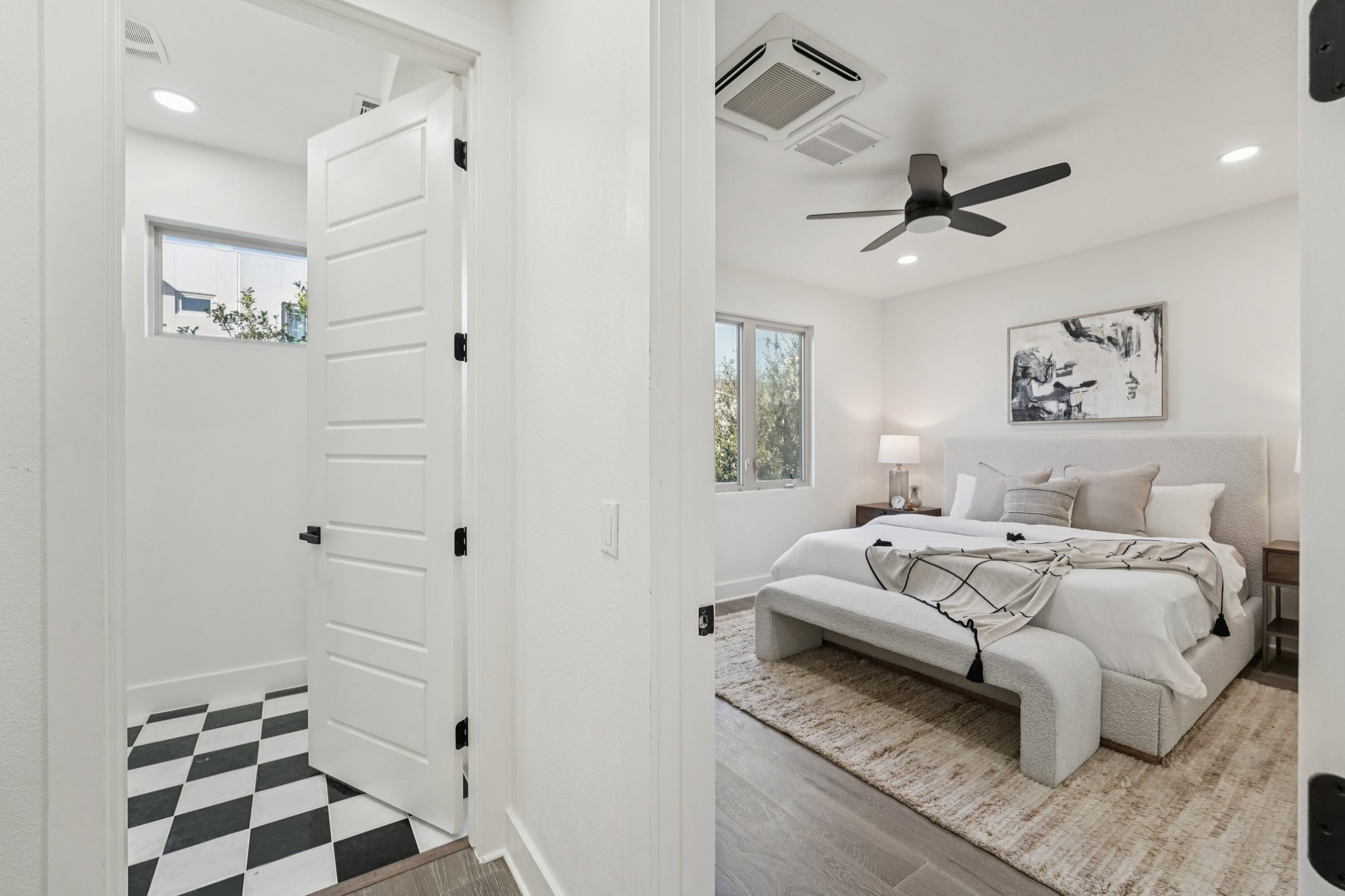 2811 Zach Scott Street Austin, TX 78723 - Photo 19 of 37 Bedroom featuring tile patterned floors, recessed lighting, a ceiling fan, and cooling unit