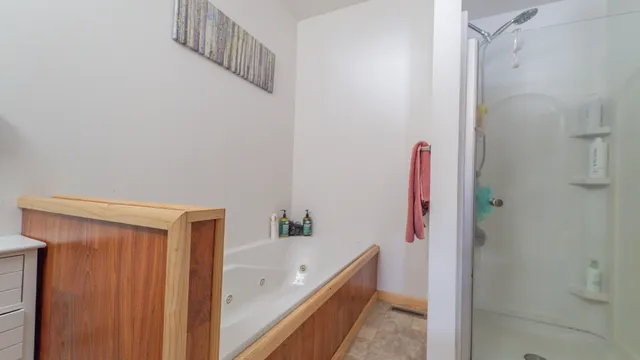 a bathroom with a tub and a shower