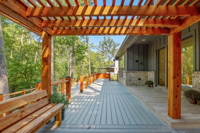 a balcony with wooden floor