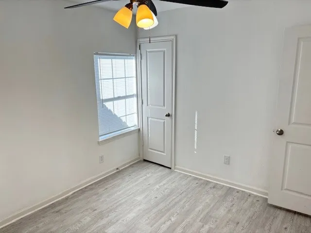 a view of a backyard with large trees and wooden fence
