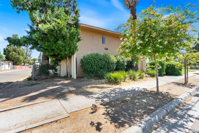a view of a yard with plants and trees