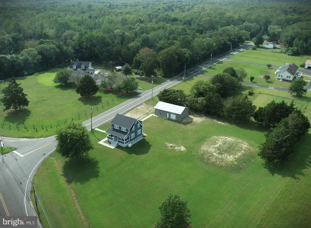 an aerial view of a residential houses with outdoor space and trees