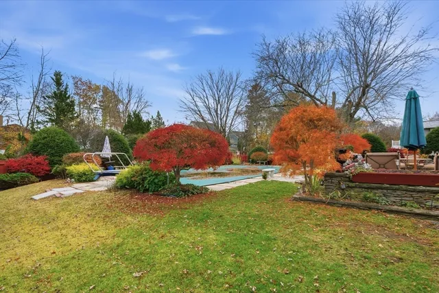a view of a garden with an outdoor space