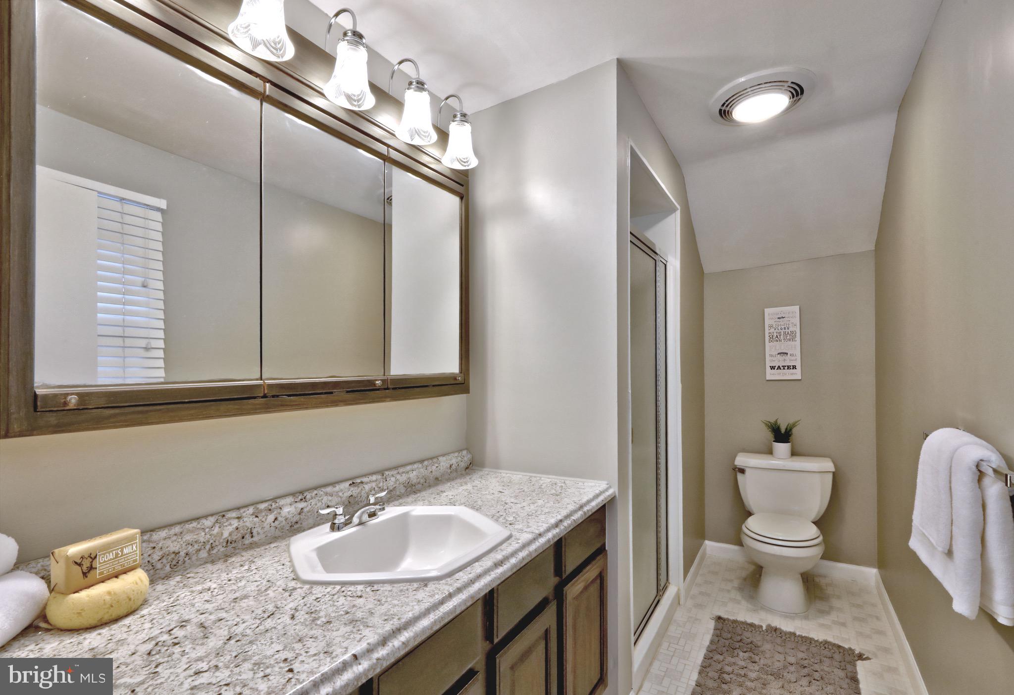 143 Whitemarsh Way Delran, NJ 08075 - Photo 29 of 33 a bathroom with a granite countertop sink a toilet and a mirror