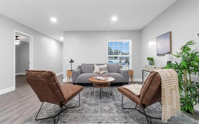 a living room with furniture and a potted plant