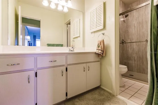 a bathroom with a sink a toilet a mirror and shower