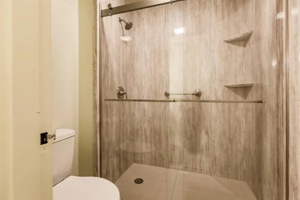 a bathroom with a shower and a toilet