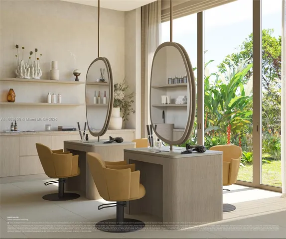 a living room with a large window and a table