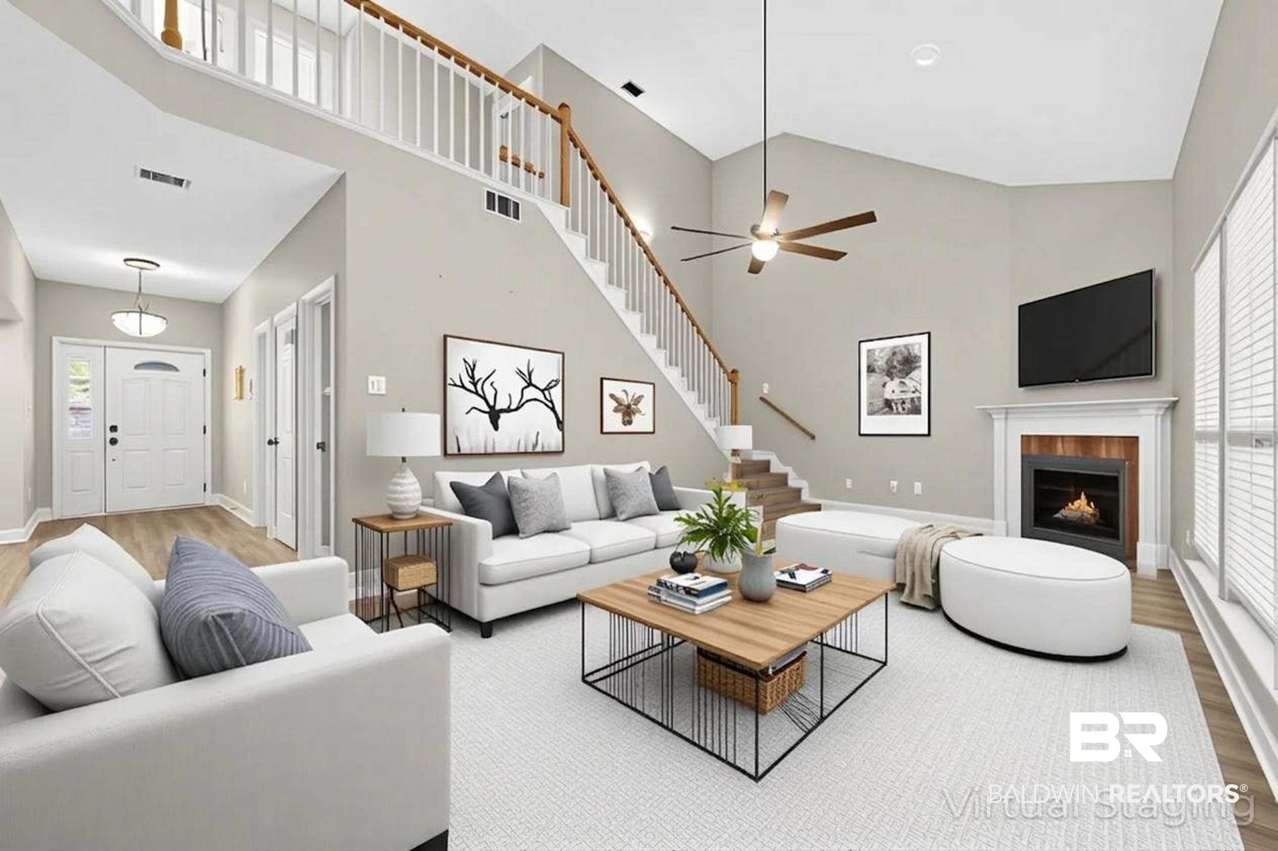 7050 Highpointe Place West Daphne, AL 36527 - Photo 28 of 66 Living room featuring light wood-style floors, a lit fireplace, a ceiling fan, and lofted ceiling