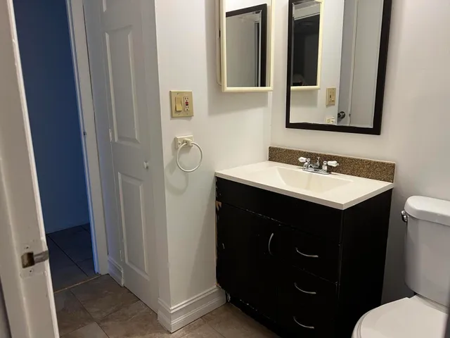 a bathroom with a sink vanity and a toilet