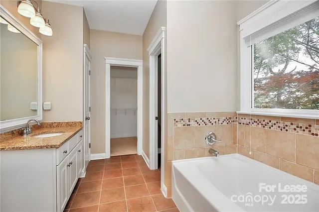 a bathroom with a tub sink and mirror