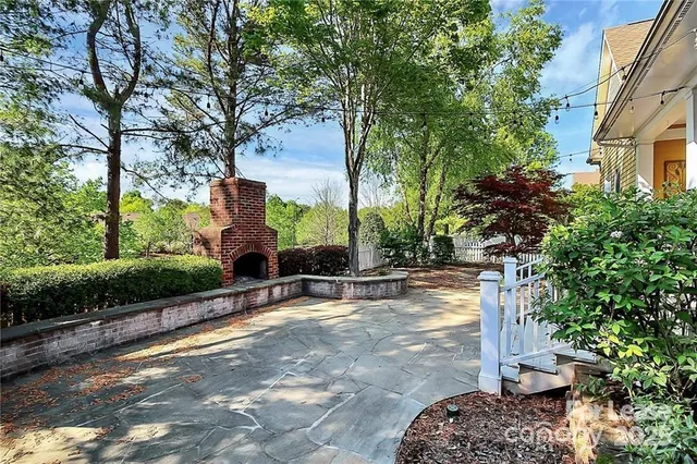 a view of a yard with plants and a bench